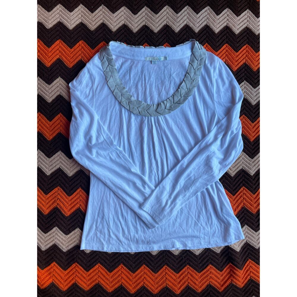 Boden White & Grey Pullover Cotton Jersey Top with Ruffle Scoop Neck sz 12